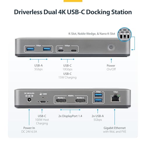 StarTech Driverless USB-C Dual 4K 60Hz DisplayPort Dock, 100W, GbE, BYOD | Plug-and-play, native GPU, USB-A and USB-C ports, 15W downstream charging, VESA or Surface mount, with lock slots