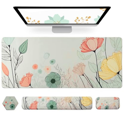 Petmolico 4-in-1 Wrist Rest Set with Desk Pad, Light Brown Big Flower | Non-slip PU base, soft Lycra & memory foam, ergonomic pain relief, great for home/office - color: Green