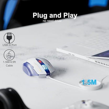 Uineer Wired Mouse, USB-A Computer Mouse with 6 Buttons,Adjustable | Plug-and-play USB-A wired connection with 6 programmable buttons, 7200 DPI and a 1.5 m cable. - color: Bluewhite