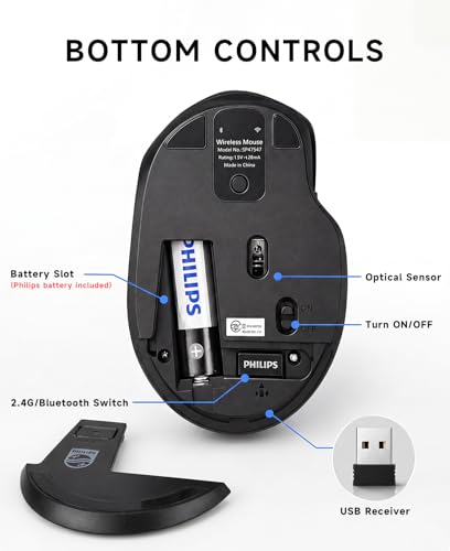 PHILIPS Wireless Mouse for Laptop, 2.4GHz & Bluetooth Computer Mouse for Small to Medium Hands, 5-Level Adjustable 4000 DPI High Precision, 6 Buttons, Silent Mouse for PC, Mac, Tablets