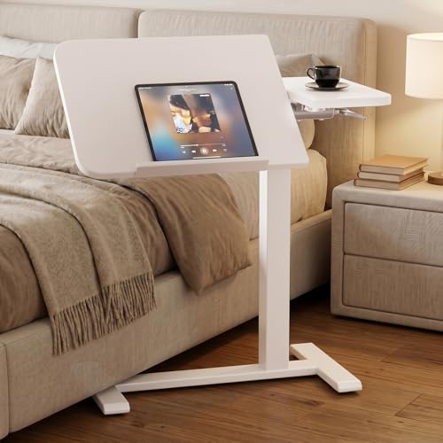 GTPLAYER Pneumatic Adjustable Standing Desk, 28 Inch Tiltable Mobile Rolling Laptop Table with Wheels, Overbed Bedside Table Computer Workstation for Home Office, White - color: White