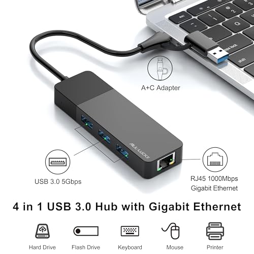 USB A/C to Ethernet Adapter, 3xUSB3.0 and 1000M RJ45 Network hub for Laptop | Plug & play 4-in-1 USB C Hub, Gigabit LAN for Mac/Chrome/XPS & USB-C phones/iPad, 3 USB-A ports for mouse/keyboard/USB fan. - size: 1FT -4 in 1 USB A/C to Ethernet Adapte