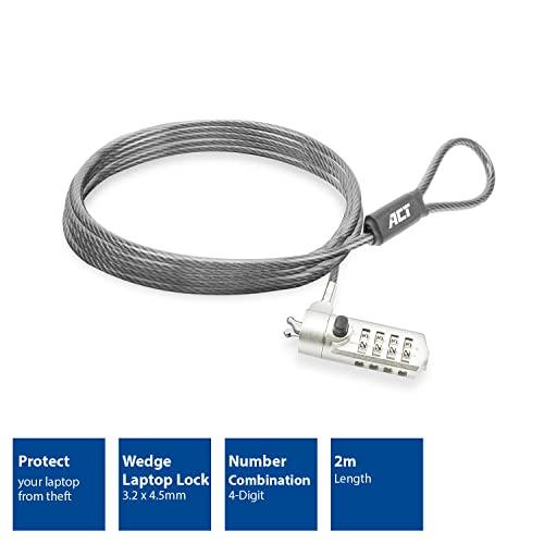 ACT Laptop Lock Security Cable 2m, Password Protection 4 Digit Combination Lock, Wedge Slot Notebook Lock, Swivel Lock Head, Laptop Lock Dell, Portable Anti-Theft Cable - AC9035 - style: combination lock