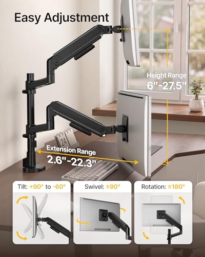 monTEK Dual Monitor Arm, Vertical Stackable 17–40" Full Motion，Black | Vertical Stackable Mechanical Spring For 17–40"Ultrawide Monitor, Hold Up To 26.4 Lbs Each, Compatible With 75/100 VESA Mount - size: Dual Arm without USB
