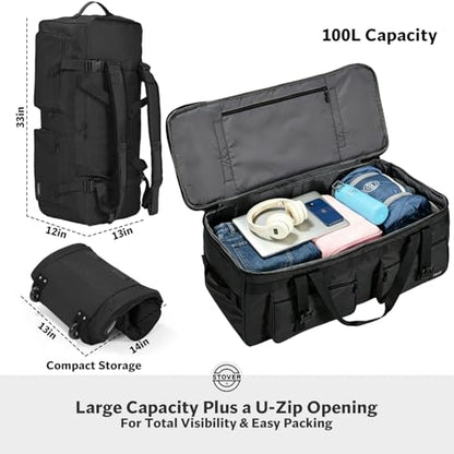 45/80/100L U-Zip Rolling Duffel Bag with Wheels, X-Large Durable Travel Duffle + Toiletry Bag, Lay-Flat Opening, Packable w/Shoulder Straps- Use as Luggage or Backpack, Men/Women (Black) - color: U-Zip Black