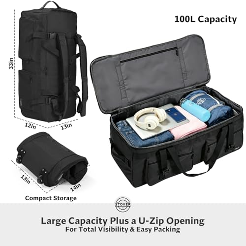 45/80/100L U-Zip Rolling Duffel Bag with Wheels, X-Large Durable Travel Duffle + Toiletry Bag, Lay-Flat Opening, Packable w/Shoulder Straps- Use as Luggage or Backpack, Men/Women (Black) - color: U-Zip Black