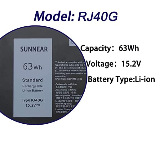 63Wh RJ40G Battery for Dell Latitude 14 5420 /15 5520 Precision 15 3560 | 4-Cell 15.2V 3941mAh; Battery Replacement for P104F P104F001 P104F002 P137G P137G001; M033W 01K2CF 075X16 005R42 0WK3F1 - size: 10.59*4.92*1.02 inches RJ40G