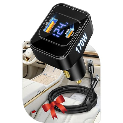 Fast Car Charger for iPhone 17 Sumsung Fast Charging Cigarette Lighter Adapter Accessories, Multi Device Family Travel Road Trip Essentials, 170W USB C 12V-24V 140W PD3.1, LED Display