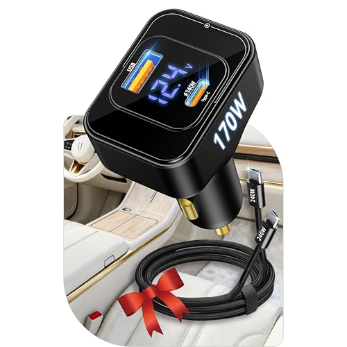 Fast Car Charger for iPhone 17 Sumsung Fast Charging Cigarette Lighter Adapter Accessories, Multi Device Family Travel Road Trip Essentials, 170W USB C 12V-24V 140W PD3.1, LED Display