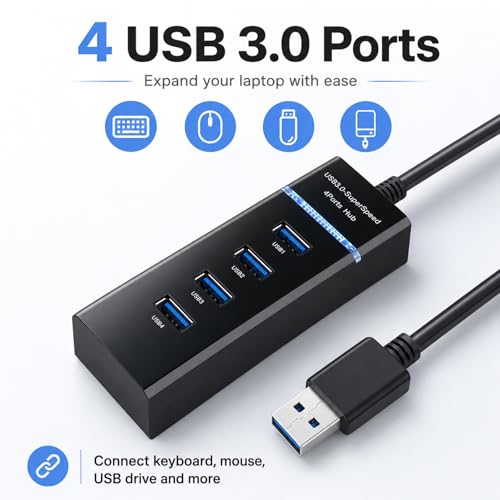 USB 3.0 Hub 4 Ports with Type-C Power Input, High-Speed USB Splitter for Laptop, PC, Xbox, Flash Drive, HDD, Printer, Camera, Keyboard & Mouse – Data Transfer Only
