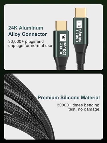 Short USB C 3.2 Gen 2x2 Video Cable for Monitor - 1FT / 0.35M | 8K@60Hz/4K@120Hz, 100W PD Fast Charging, 20Gbps Data Transfer, Compatible with iPhone 17/16/15, MacBooks, iPad, Carplay - size: 1FT