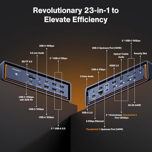 iVANKY 23-in-1 Intel Certified Thunderbolt 5 FusionDock Max 2, 120Gbps MacBook Docking Station, Triple 6K@60Hz Display for Mac M1-M5 Pro/Max, 140W PD, 2.5GbE, Cooling Fan (Incompatible with Windows) - color: Midnight Blue (Max)