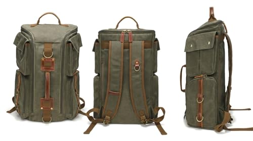 Heavy-Duty Waxed Canvas Backpack for Men, 17 Inch Laptop Rucksack with Genuine Leather, Multi-Pocket Travel Bag for Work, Hiking, and Camping - color: Army Green