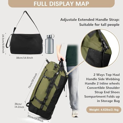 Rolling Duffle Bag with Wheels,86L 30”Carry on Luggage with Wheels,Folding Travel Bag,Duffle Backpack with Separate Shoe Compartment (Green) - color: Green