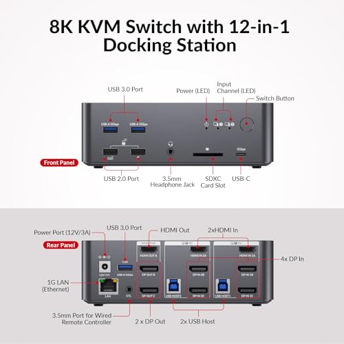 AV Access 8K KVM Switch 3 Monitors 2 Computers, 5 USB Ports, KVM Docking Station Triple Monitor 8K@60Hz/4K@165/144Hz, 2K@144Hz, SD, Audio, Gigabit LAN for Dell HP Desktop with HDMI & DisplayPort - size: D23i