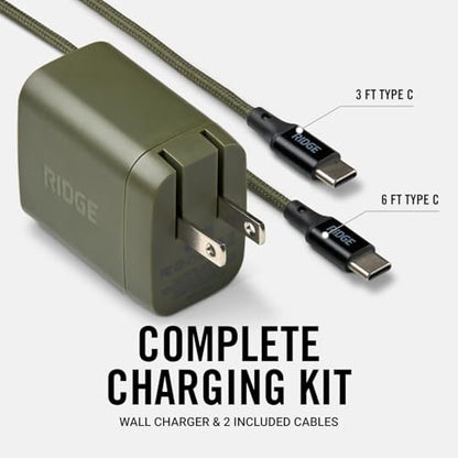 Ridge 45W Wall Charger Set, Dual USB-C Ports, Laptop-Grade Power with Complete Cable Kit Included - Matte Olive - color: Matte Olive