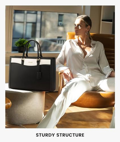 LOVEVOOK Laptop Tote Bag for Women, Leather Office Work Bag Briefcase fit for 15.6 inch Laptop, Large Teacher Computer Bag Handbag,2pcs Set Leather/Black-White | PU Leather Business Briefcase Teacher Travel College Bag Handbag fit for 15.6 inch Laptop, Of