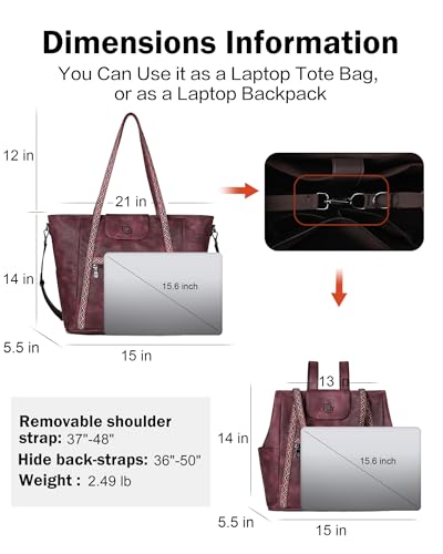 FADEON Large Laptop Tote Bag for Women Designer Leather Laptop Bag, 15.6in | Fashion Travel Backpack Purse Shoulder Handbag Fits 15.6 Laptop, Daily, Work, Business Trip, Weekend Travel, Teacher - color: Wine Red Retro Style