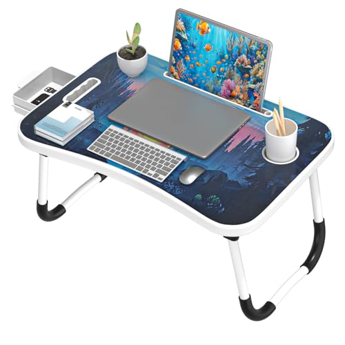 Laptop Bed Table with Foldable Legs & Cup Holder - Portable Lap Desk for Eating, Working, Writing on Bed, Sofa or Floor, Lightweight Standing Tray for Laptop, Breakfast, Tablet, Book (Black) - color: Black