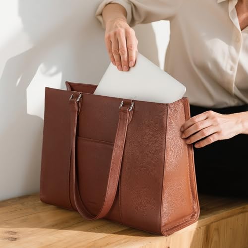 befen Genuine Leather Tote Bag for Women Work Travel Leather Purse Handbags | Real Leather, Padded 14" Laptop Compartment, Multi-Pockets, Zipper, Tote Bag for Daily - color: Z2-cognac Brown
