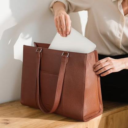 befen Genuine Leather Tote Bag for Women Work Travel Leather Purse Handbags | Real Leather, Padded 14" Laptop Compartment, Multi-Pockets, Zipper, Tote Bag for Daily - color: Z2-cognac Brown