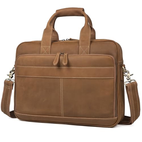 Augus Leather Briefcase for Men, 16 Inch, Full-Grain Leather, YKK Zipper - color: Light Brown