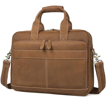 Augus Leather Briefcase for Men, 16 Inch, Full-Grain Leather, YKK Zipper - color: Light Brown