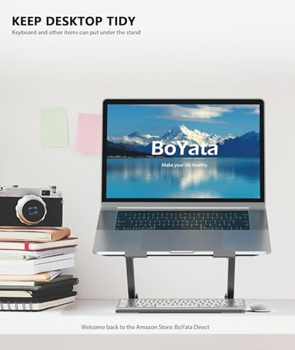 BoYata Laptop Stand, Adjustable Multi-Angle Riser, Up to 17 Inches,Gray | Sturdy alloy steel, heat-vent design and silicone pads support laptops up to 17 inches, including MacBook and Surface - color: Space Grey