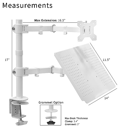 VIVO Fully Adjustable 13 to 32 inch Single Computer Monitor and Laptop Desk Mount Combo, Stand with Grommet Option, Fits up to 17 inch Laptops, White STAND-V002CW - color: White
