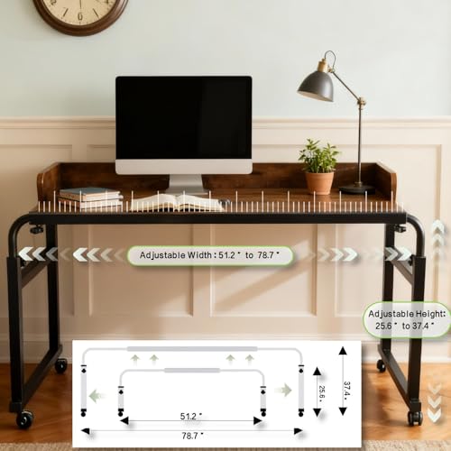 Overbed Table with Wheels and Desktop Enclosure, Height and Length Adjustable Over Bed Desk King Queen Bed Table Overbed Laptop Table (Rustic Brown) - color: Rustic Brown