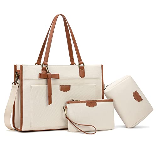 Keyli 3pcs Laptop Bag for Women,15.6 Inch Canvas Tote Bag Work Bags Large Business Computer Briefcase Shoulder Handbag Purse - color: Brown_3pcs