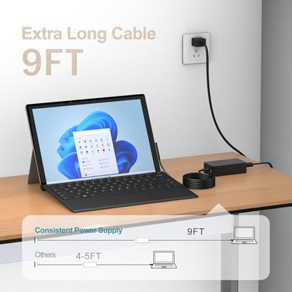 65W Surface Laptop Charger for Microsoft Surface Pro 11/10/9/8/7/7+/6/5/4/3/X, Surface Laptop 7/6/5/4/3/2, Surface Go 4/3/2, Surface Book 3/2/1,Surface Pro Charger 9ft - color: black