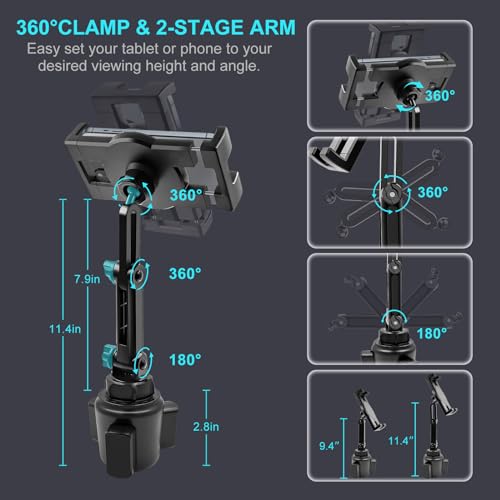 Cup Holder Car Tablet Mount, 360° Adjustable 2-Arm Stand Holder for iPad Pro 12.9/11/10.5/9.7/Air/Mini 6/5/4, Galaxy Tab/Z Fold 6/5, Amazon Fire HD, iPhone 16/15/14/Pro, 4.7-12.9" Tab & Phone - size: 11.4"