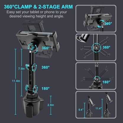Cup Holder Car Tablet Mount, 360° Adjustable 2-Arm Stand Holder for iPad Pro 12.9/11/10.5/9.7/Air/Mini 6/5/4, Galaxy Tab/Z Fold 6/5, Amazon Fire HD, iPhone 16/15/14/Pro, 4.7-12.9" Tab & Phone - size: 11.4"