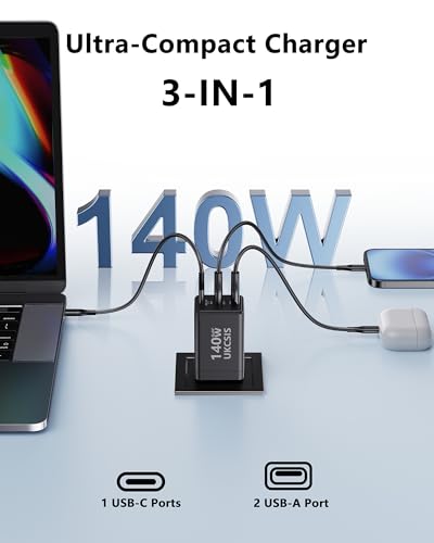 2Pack Mac Book Charger 140W, USB C Fast Charger Foldable 3-Port Multi-Device Fast Power Adapter, USB C Charger for MacBook pro/Air, Dell, Samsung Galaxy, iPad Pro, and More(Black)
