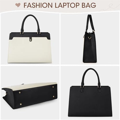 RAINSMORE Laptop Bag for Women 15.6 Inch Laptop Tote Bag Leather Work Bag Waterproof Womens Briefcase Business Office Computer Tote Large Capacity Handbag, Beige and Black - color: Beige and Black
