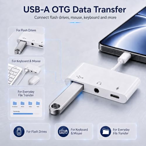 3-in-1 USB C Adapter for iPhone 15 16, USB C to USB-A OTG Adapter with 3.5mm Headphone Jack & PD Fast Charging Port, USB C Splitter for MacBook Pro Air, iPad Pro, Samsung Galaxy S23 S24