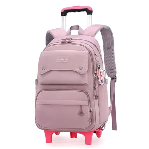 Solid Color Girls Rolling Backpack with Wheels Schoolbag Elementary School Student Trolley Daypack - color: A-purple - Two Wheels, size: 2 Wheels