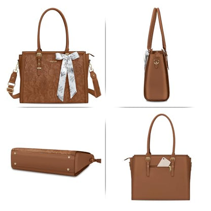MOSISO Laptop Bag for Women, 17-17.3 inch PU Leather Tote Bag | Compatible with MacBook, HP,Dell, Front Embossed Retro Hibiscus Computer Bags with Silk Scarf&Clutch Purse, Brown - color: Brown, size: 17.3 inch