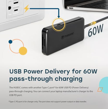 Transcend HUB 6 in 1 Hub, Type C, with 60W Power Delivery, 10Gbps USB C and 2 Type-A Ports, Micro SD and SD UHS-II Card Reader, for MacBook Pro, Labtop - TS-HUB5C - style: Type-C (6-in-1 HUB, with 60W PD)