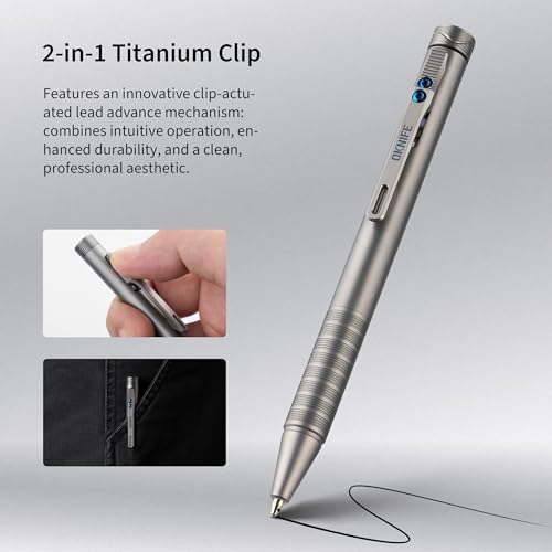 OKNIFE B1 Ti Titanium Pen with 2-in-1 Clip, 2 pcs Refills | Bolt Action EDC Pen with Built-in Spinning Top for Smooth Writing and Everyday Carry (Titanium) - color: titanium