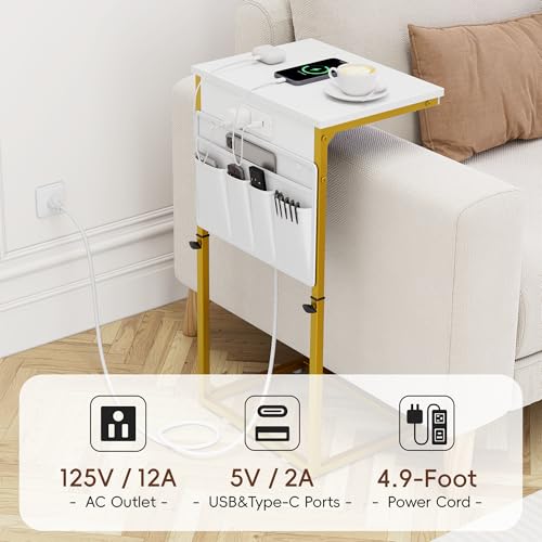 Vagusicc C-Shaped End Table with Charging Station, Small Side Table for Couch, 33" Tall C Table Adjustable Height Side Table, Couch Tables that Slide Under, Sofa Table TV Tray for Living Room, Golden - color: 1pc Golden