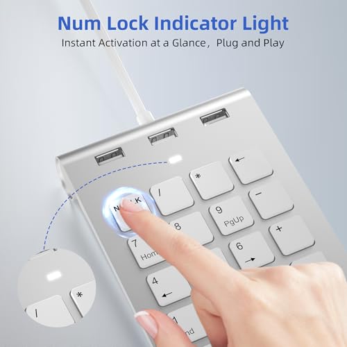 Wired Numeric Keypad with USB-C & USB-A – 18 Keys Number Pad, Built-in 3-Port USB 2.0 Hub, 15° Ergonomic Numpad for Laptop, Desktop, Surface, iPad – Plug & Play for Windows, macOS, Chrome OS