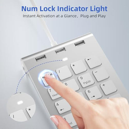 Wired Numeric Keypad with USB-C & USB-A – 18 Keys Number Pad, Built-in 3-Port USB 2.0 Hub, 15° Ergonomic Numpad for Laptop, Desktop, Surface, iPad – Plug & Play for Windows, macOS, Chrome OS