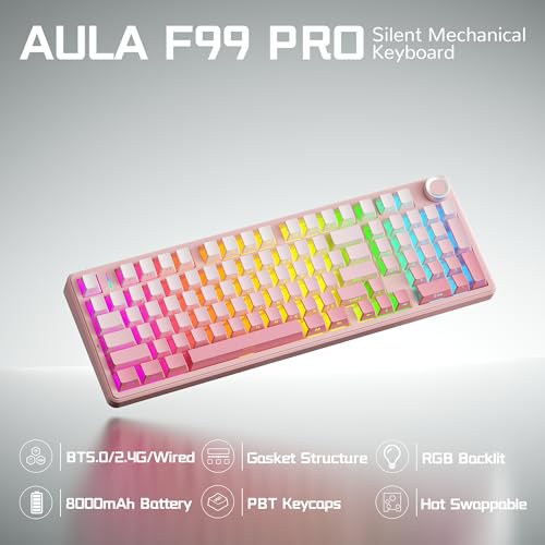 Aula F99 Pro Wireless Silent Mechanical Keyboard with Knob, BT5.0/2.4GHz/USB-C Hot Swappable, Pre-lubed Linear Switches, RGB Backlit, Gasket Mounted,Gradient Pink PC Gaming Keyboard for Win/MAC - color: Pink
