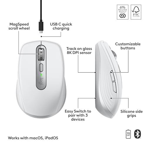 Logitech MX Anywhere 3S Mac Compact Wireless Mouse 8K DPI - Pale Grey | Compact, Bluetooth, any-surface tracking, quiet clicks, USB-C, for MacBook Pro, MacBook Air, iMac, iPad - color: Pale Grey