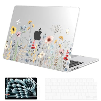 G JGOO Compatible with MacBook Air 15 inch Case 2026 2025 2024 2023 M5 A3448 M4 A3241 M3 A3114 M2 A2941, Clear Protective Plastic Hard Shell Case + Keyboard Cover+ Screen Protector, Garden Flower - color: Garden Flower