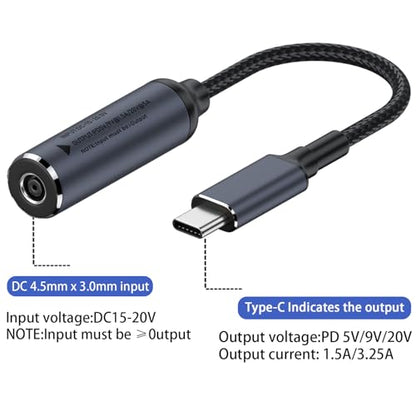 DC 4.5mm x 3.0mm Female Input to USB C PD Male Power Charging Cable,100W DC4506 to USB Type-C PD Output 5V/9V/20V Cable with PD Chip Inside, Charging for Phones, Tablets, TWS, Laptops with USB-c