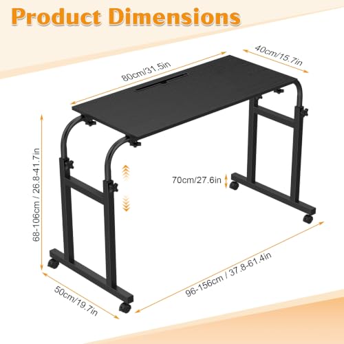 Overbed Table with Wheels, Adjustable Height and Length Bed Desk, Mobile Laptop for Bed, Recliner and Sofa, Rolling Hospital Tray Table for Adults and Seniors Black 40x80cm - color: Black 40x80cm