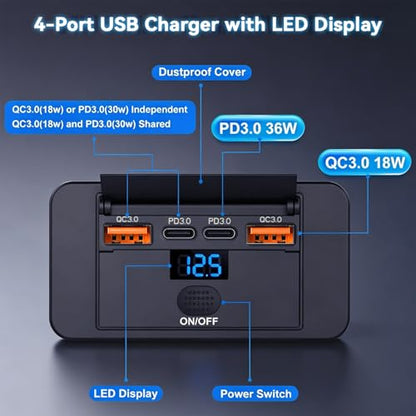 15W 5V USB Outlet Panel Wall Mount – Dual 15W PD & Dual QC3.0 Car USB Charger Socket, Waterproof ON/Off Switch, Surface Mount for RV, Boat, Truck, ATV & Marine(4 Interface)